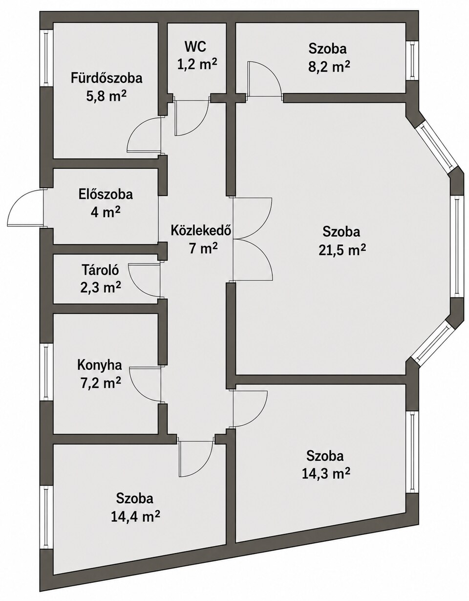 A 104 m²-es kisvárdai lakás és iroda tájékoztató alaprajza négy szobával